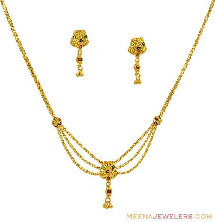 22k Meenakari Necklace Set StLs8005 22K yellow gold fancy three piece necklace set with