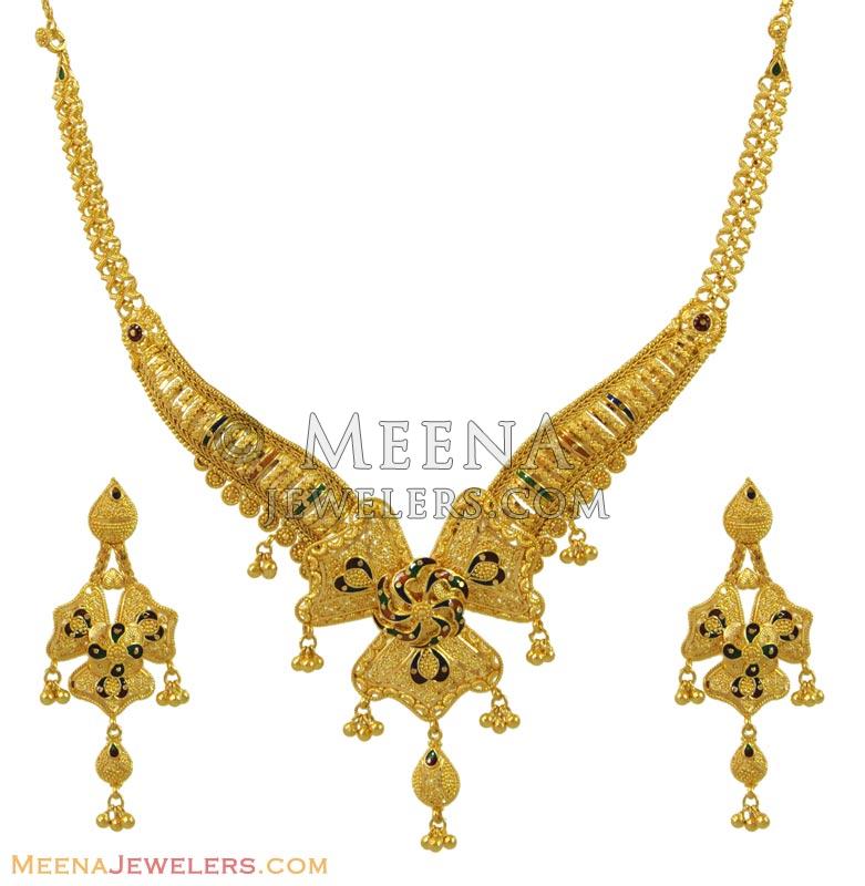 22kt Gold Meenakari Set Stgo10190 22kt Gold Meenakari Necklace And Earrings Set With 4176