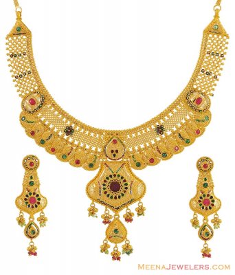 Gold Meenakari Necklace Set (22K) ( 22 Kt Gold Sets )