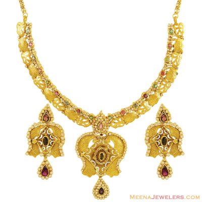 22K Antique Polki Studded Set ( Antique Necklace Sets )