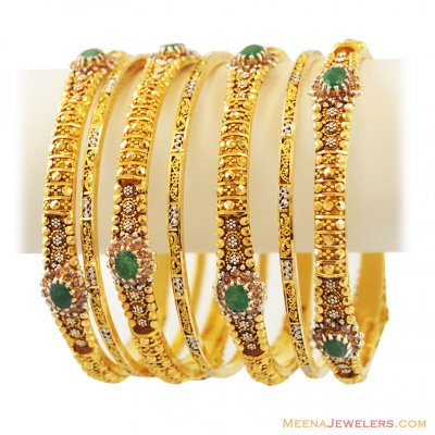 22k Antique 2Tone Emerald Set(7 Pc) ( Set of Bangles )