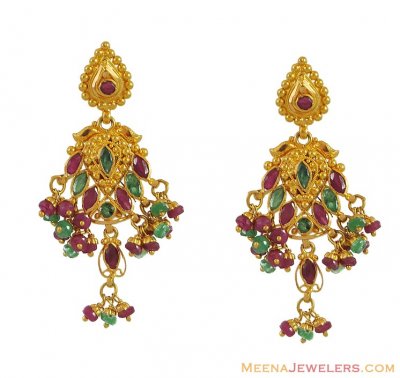 22K Emerald and Ruby Earrings ( Precious Stone Earrings )