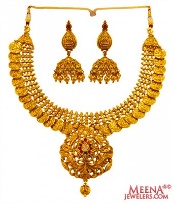 22K Gold Antique Kasu Necklace Set ( Antique Necklace Sets )