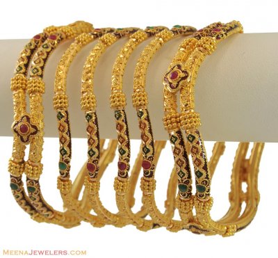 22K Meenakari Wavy Bangle Set (6Pc) ( Set of Bangles )