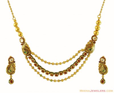 22K Antique Layered Necklace Set ( Antique Necklace Sets )