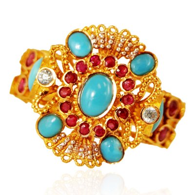 22K Gold Antique Turquoise  Ring ( Ladies Rings with Precious Stones )