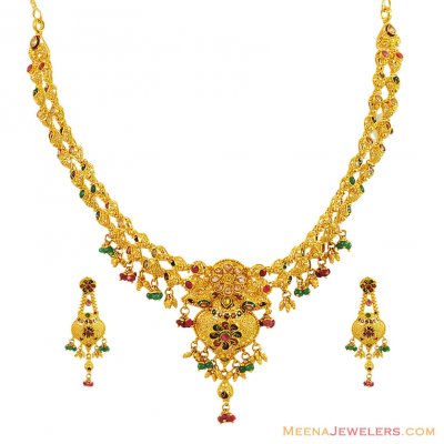 22K Designer Meenakari Necklace Set ( 22 Kt Gold Sets )