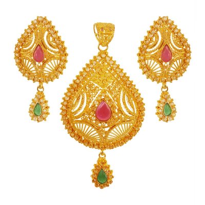 22K Gold Ruby Emerald Pendant Set ( Gold Pendant Sets )