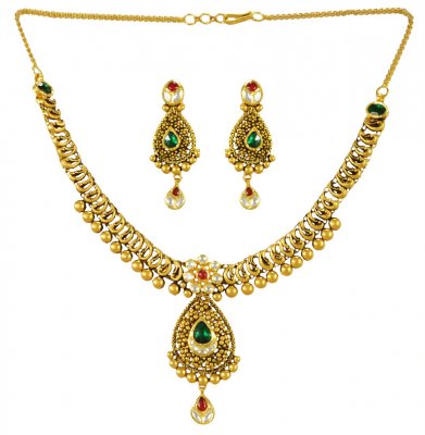 22K Gold Kundan Necklace Set ( Antique Necklace Sets )