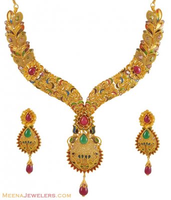 Antique Meenakari Necklace Set (With Tassel) ( Antique Necklace Sets )