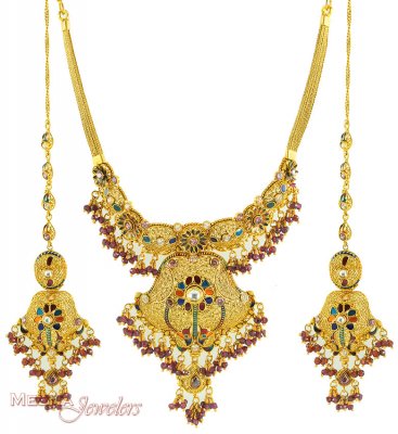 22Kt Antique Gold Necklace Set ( Antique Necklace Sets )