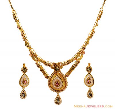 22K Exclusive CZ Polki Antique Set  ( Antique Necklace Sets )