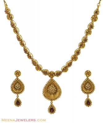 22Kt Gold Antique Polki Set ( Antique Necklace Sets )