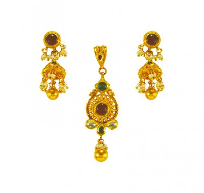 22Kt Gold Antique Pendant Set ( Antique Pendant Sets )