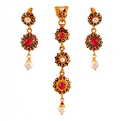 22K Indian Meenakari Pendant Set ( Gold Pendant Sets )