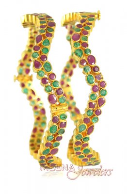 Gold Bangles with Ruby and Emerald ( Precious Stone Bangles )