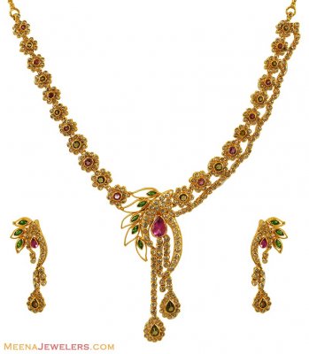 22Kt Gold Designer Polki Set ( Diamond Necklace Sets )