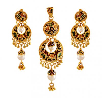 Meenakari Chand Bali Pendant Set ( Gold Pendant Sets )