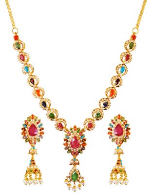 22Kt Gold Designer Necklace Set ( Precious Stone Sets )