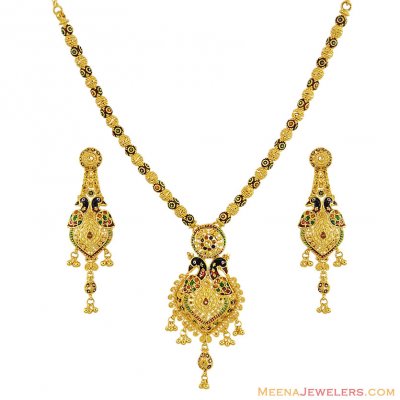 22K Peacock Meenakari Necklace Set ( 22 Kt Gold Sets )