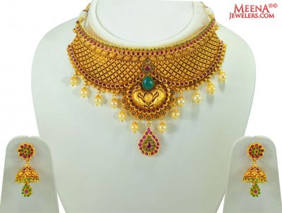 22 Kt Gold Temple Necklace Set ( Antique Necklace Sets )