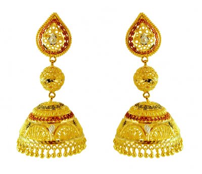 22K Gold Three Tone Jhumki ( Exquisite Earrings )