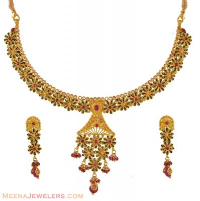 22K Antique Meenakari Set ( Antique Necklace Sets )