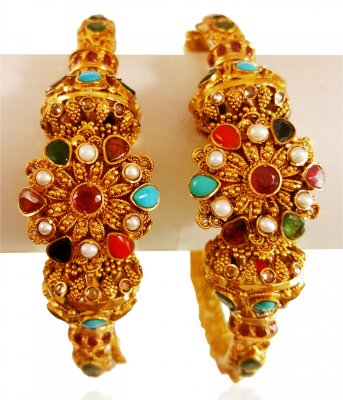 22Kt Gold Navratan Kadas(2pcs) ( Precious Stone Bangles )