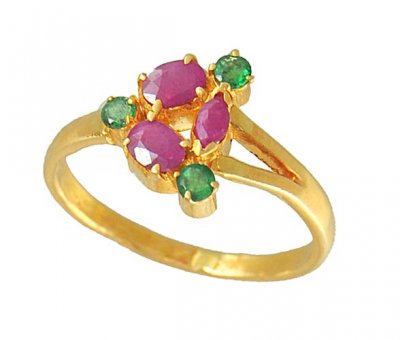 22Kt Ring with Ruby and Emerald ( Ladies Rings with Precious Stones )