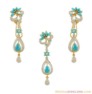 Turquoise, CZ Pendant Set (22K) ( Fancy Pendant Set )